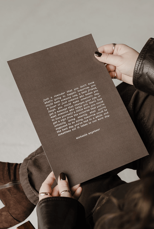 just a reminder brown pitter patter poetry art print by michaela angemeer